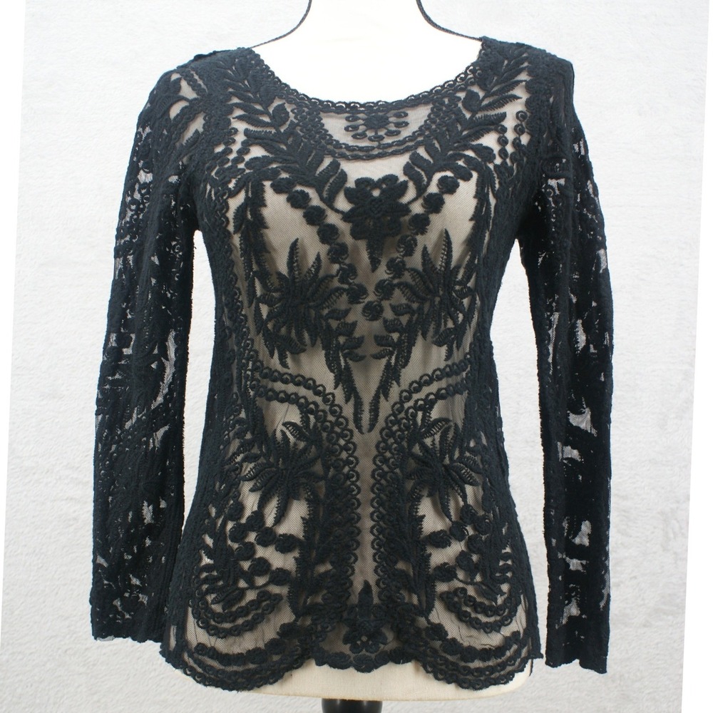 Express Womens Black Lace Mesh Long Sleeve Floral Embroidered Top XS 90154